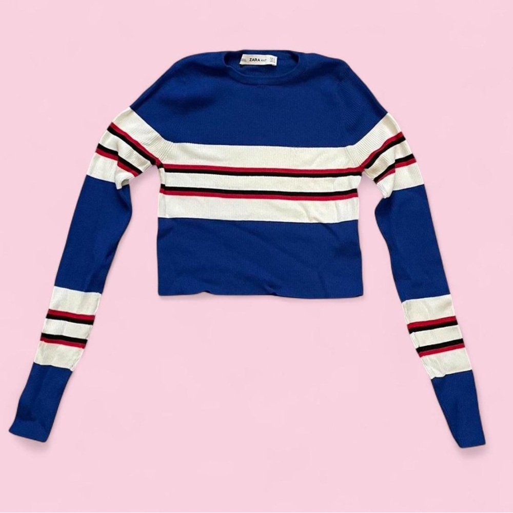 Zara Women's Blue and White Striped Sweater